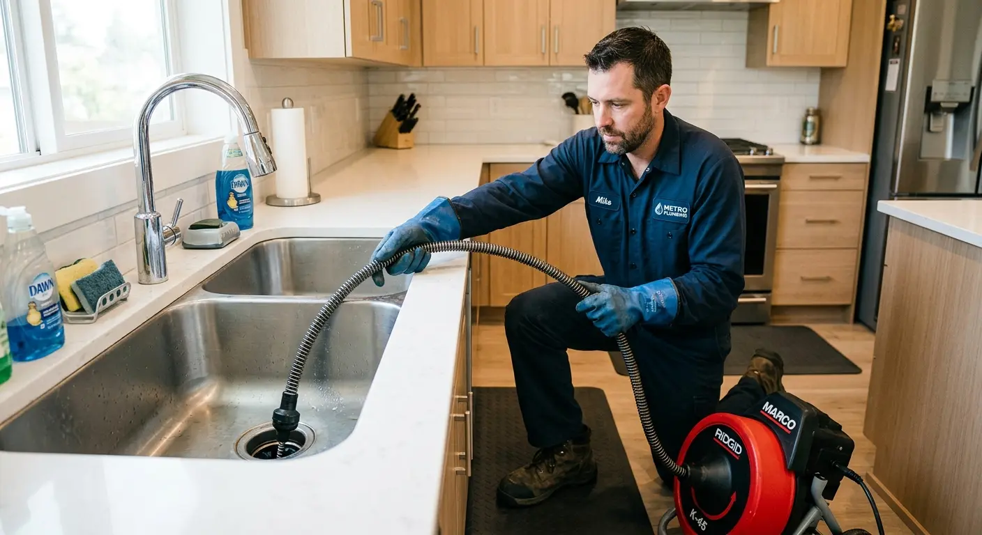 Drain cleaning technician using a motorized snake on a kitchen sink in Sharon