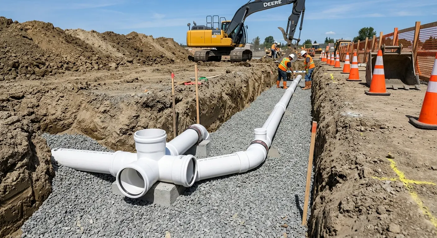 New PVC sewer pipe installation in open trench for Sewer Backup in Sharon