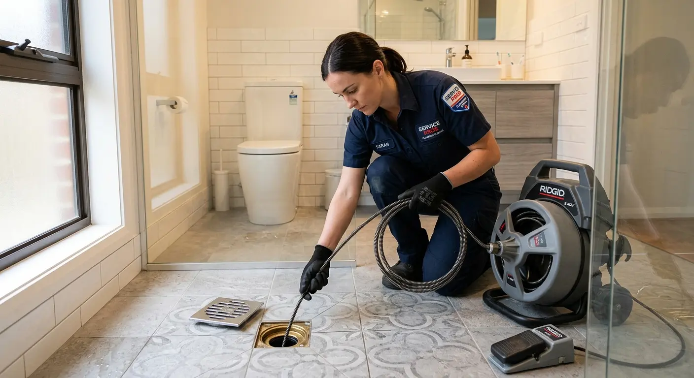 Technician clearing a bathroom floor drain for Drain Cleaning in Sharon